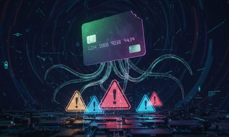 Tarjeta bancaria flotando con iconos de advertencia y tentáculos digitales.