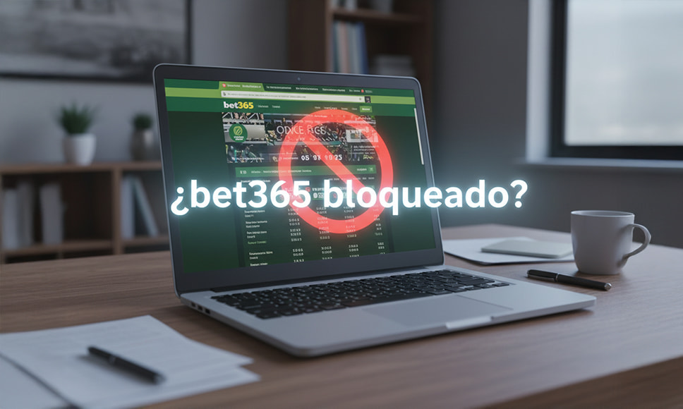 Portátil con la web de bet365 y un símbolo de prohibición superpuesto.