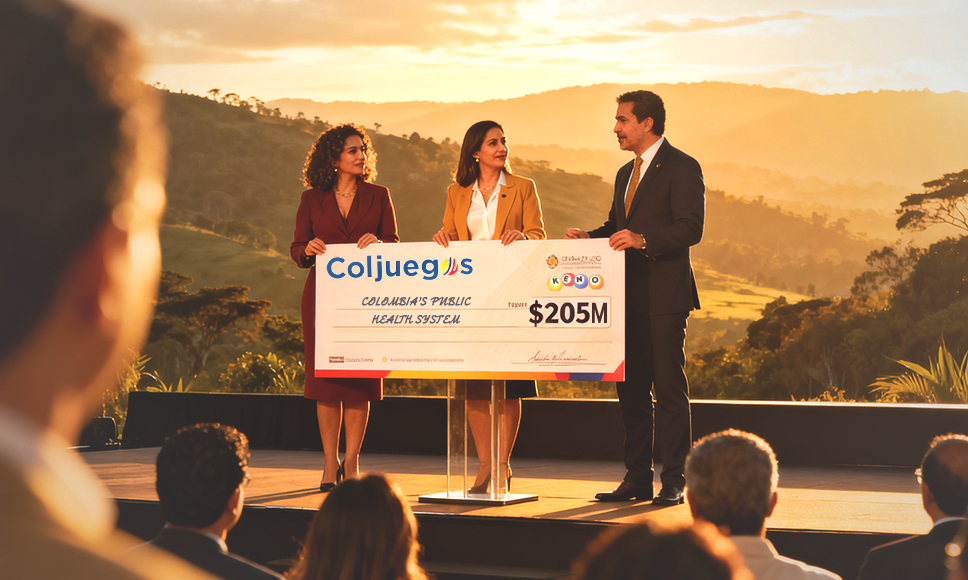 Personas sosteniendo un cheque gigante de Coljuegos.