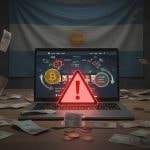 Portátil con alerta de advertencia rodeado de billetes y una bandera argentina al fondo.
