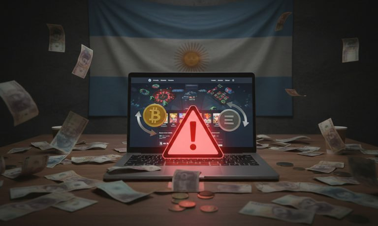 Portátil con alerta de advertencia rodeado de billetes y una bandera argentina al fondo.