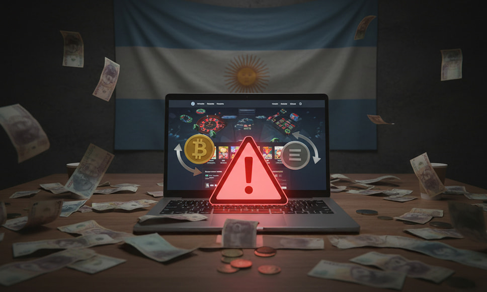 Portátil con alerta de advertencia rodeado de billetes y una bandera argentina al fondo.