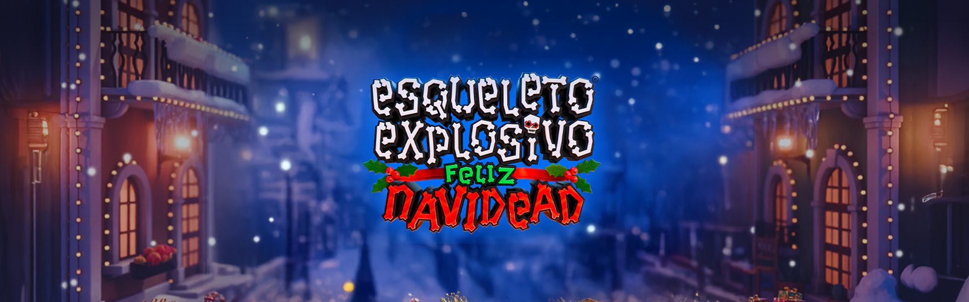 Logo de “Esqueleto Explosivo: Feliz Navidad” con fondo temático.