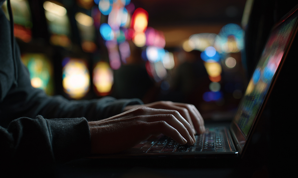 Manos de un hacker tecleando en un portátil en un casino.