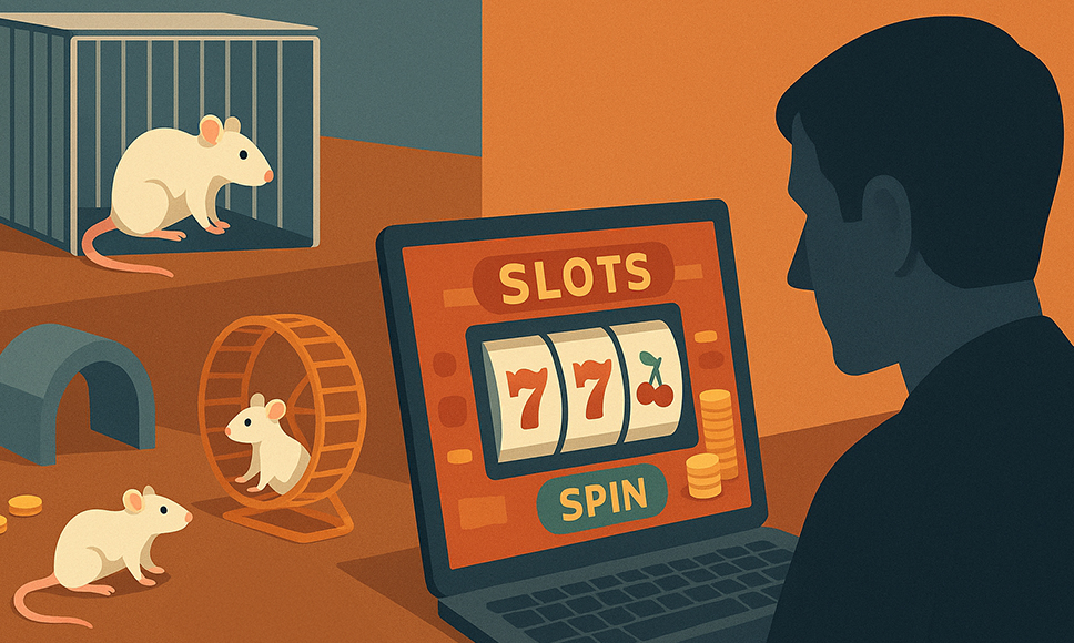 Hombre jugando a tragamonedas online junto a ratones en un laboratorio, aludiendo al Rat Park.