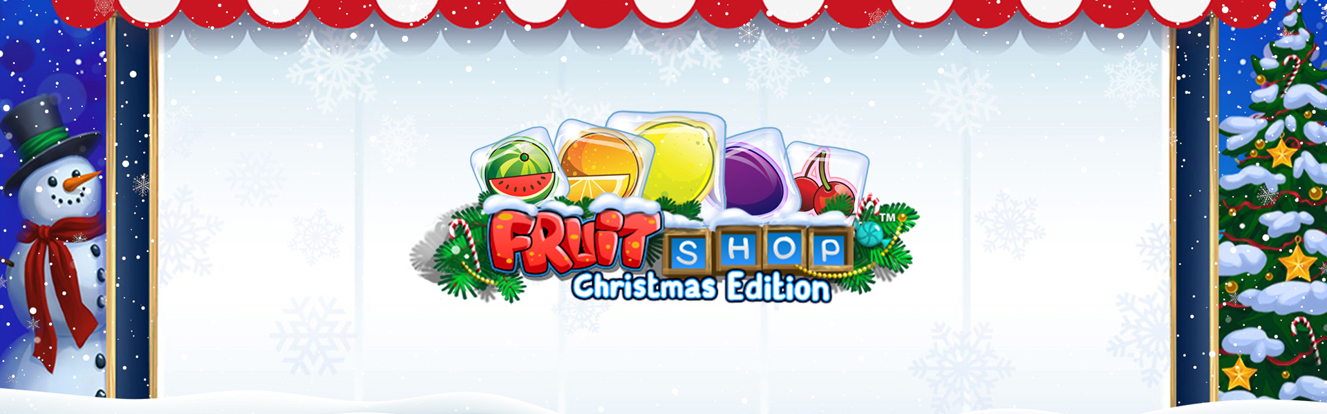 Logo de "Fruit Shop Christmas Edition” con fondo temático.