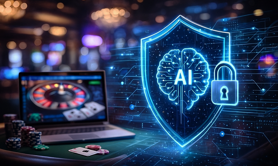 Escudo digital con símbolo de inteligencia artificial frente a una ruleta online en un casino.