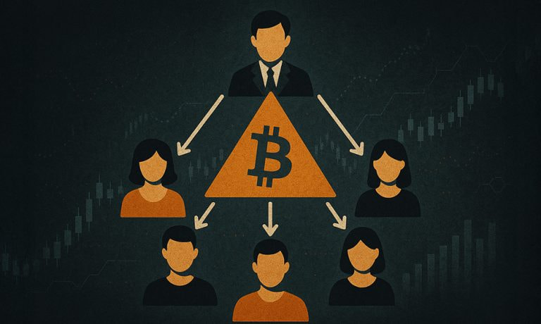 Esquema piramidal con símbolo de Bitcoin para ilustrar una estafa de criptomonedas.