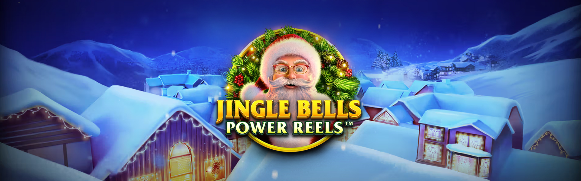 Logo de “Jingle Bells Power Reels” con fondo temático.