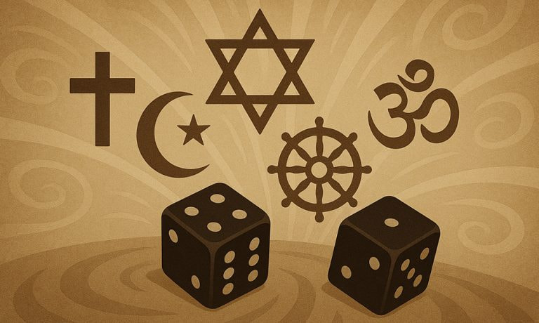 Representación de símbolos religiosos junto a dados para comparar visiones sobre el juego.