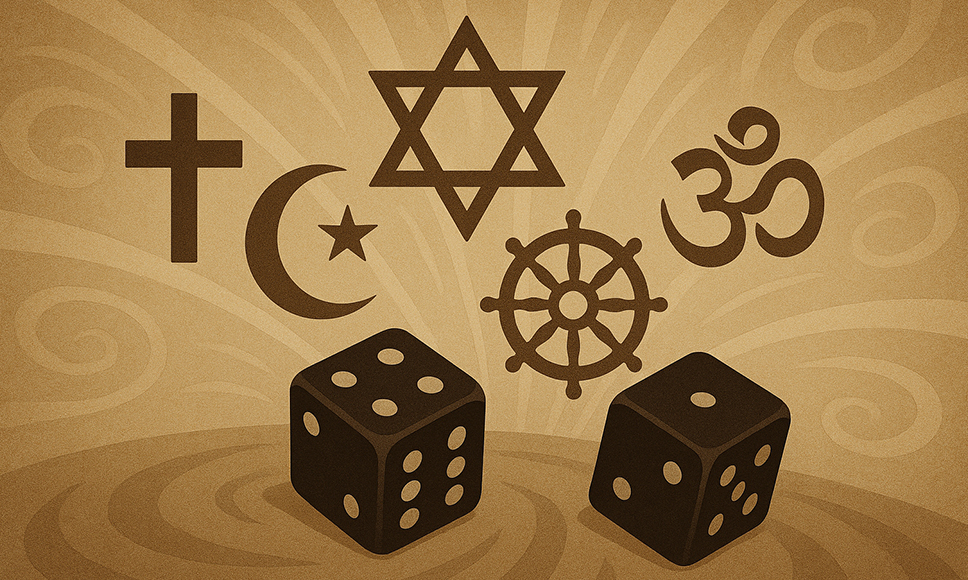 Representación de símbolos religiosos junto a dados para comparar visiones sobre el juego.