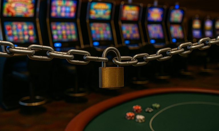 Un candado sobre una cadena bloqueando máquinas de casino para simbolizar cierres y restricciones.