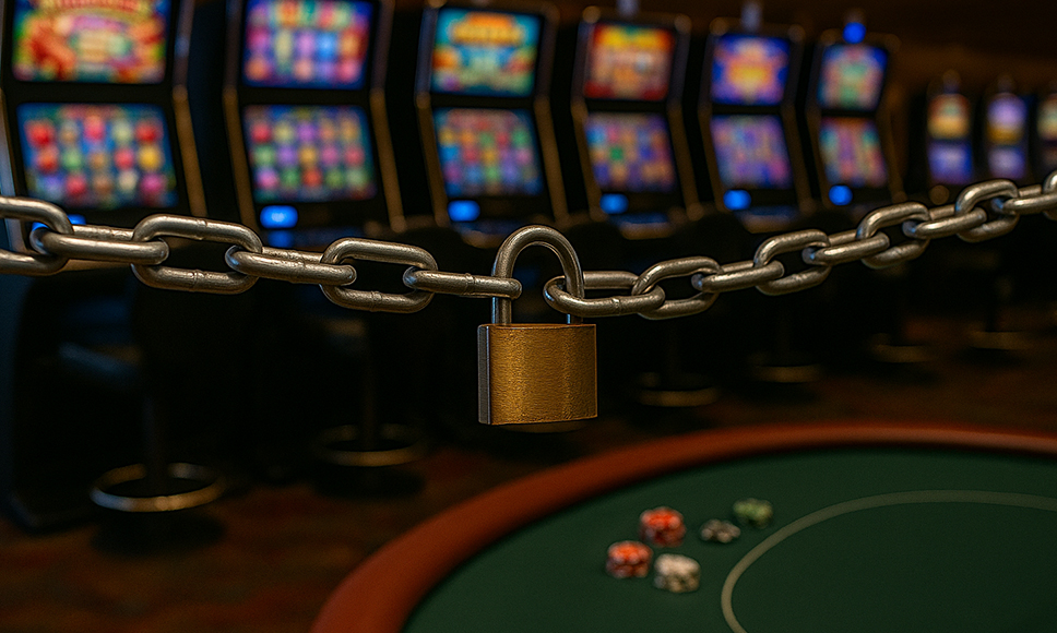 Un candado sobre una cadena bloqueando máquinas de casino para simbolizar cierres y restricciones.
