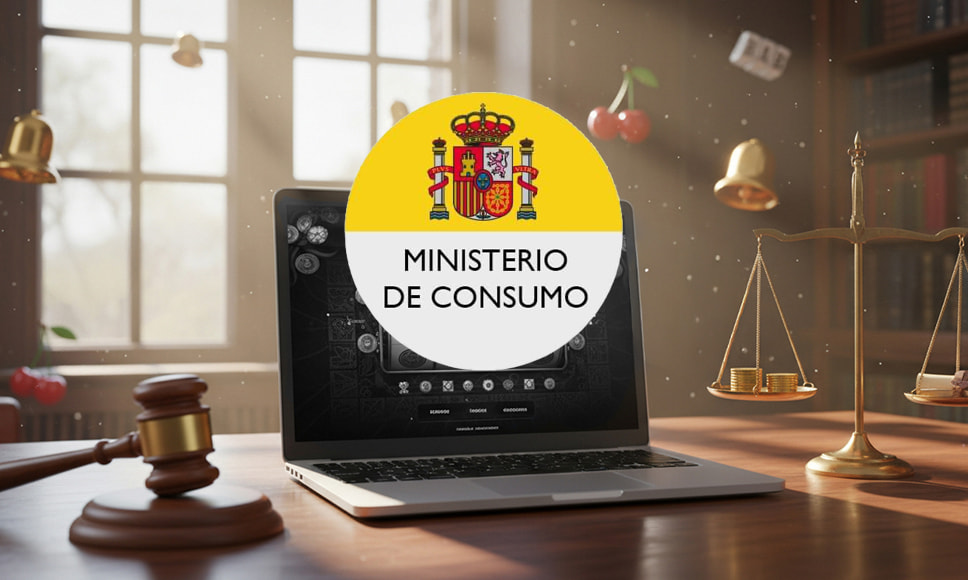 Portátil junto a un mazo judicial y una balanza con el logotipo del Ministerio de Consumo.