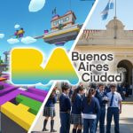 Pantalla de videojuego a la izquierda y un grupo de estudiantes frente a un edificio escolar a la derecha.