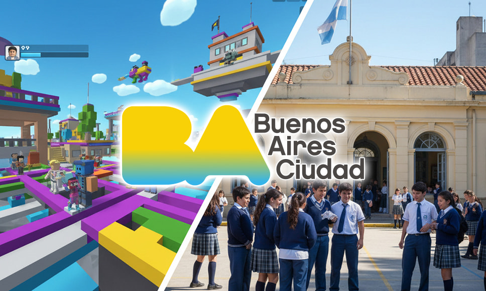 Pantalla de videojuego a la izquierda y un grupo de estudiantes frente a un edificio escolar a la derecha.