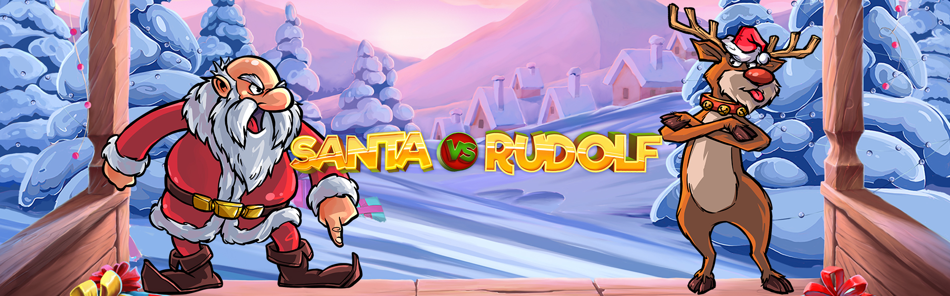 Logo de "Santa vs Rudolf con fondo temático.