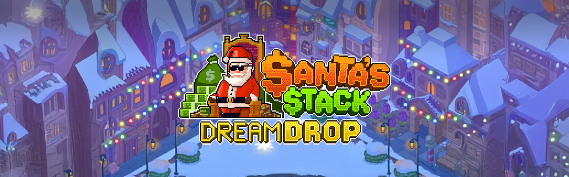 Logo de “Santa’s Stack” con fondo temático.