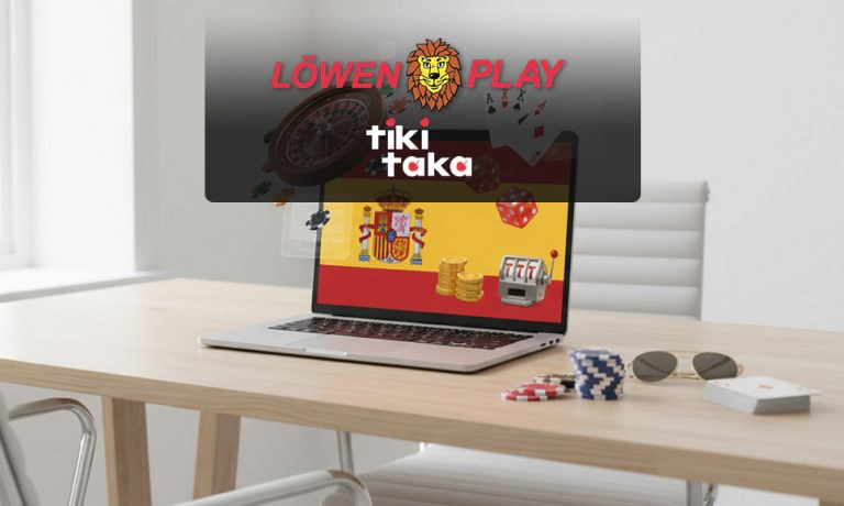 Logos de Lowen Play y Tiki Taka sobre fondo con bandera de España.