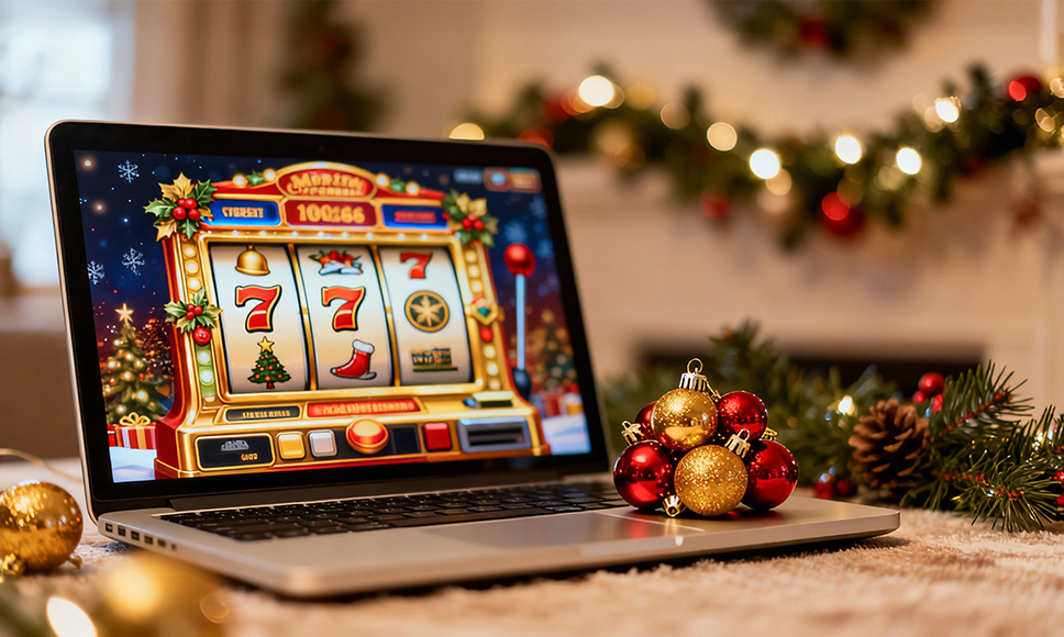 Ordenador portátil mostrando una máquina tragaperras navideña.