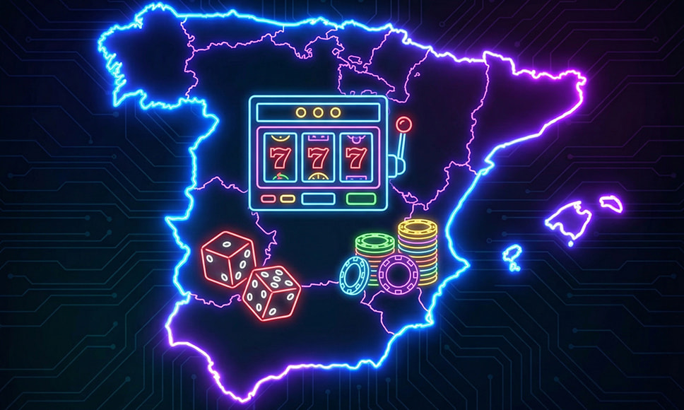Mapa de España con iconos de casino online, tragamonedas, dados y fichas.