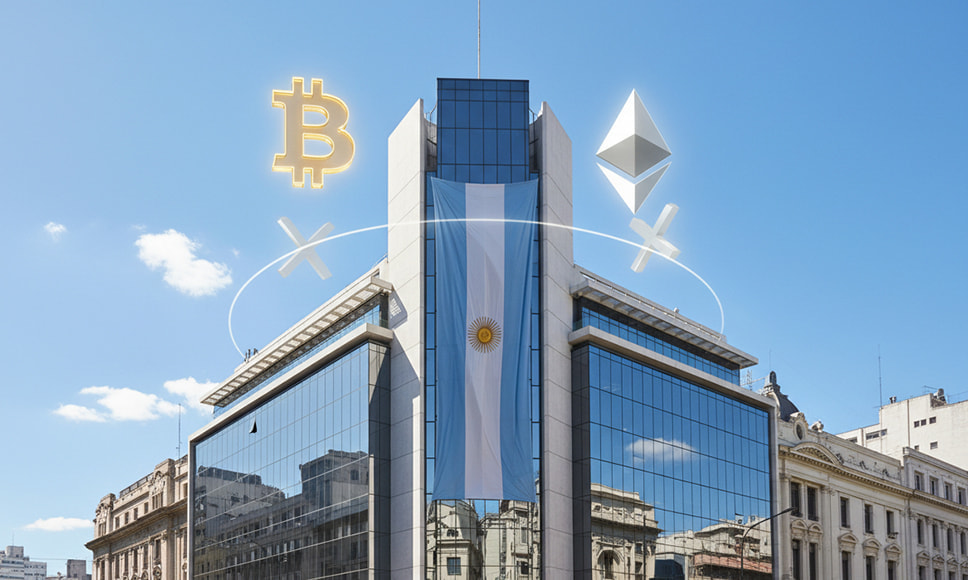 Edificio bancario con bandera argentina y símbolos de criptomonedas