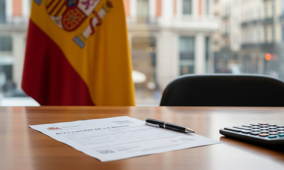 Documento de la declaración de la renta sobre una mesa con bandera de España al fondo