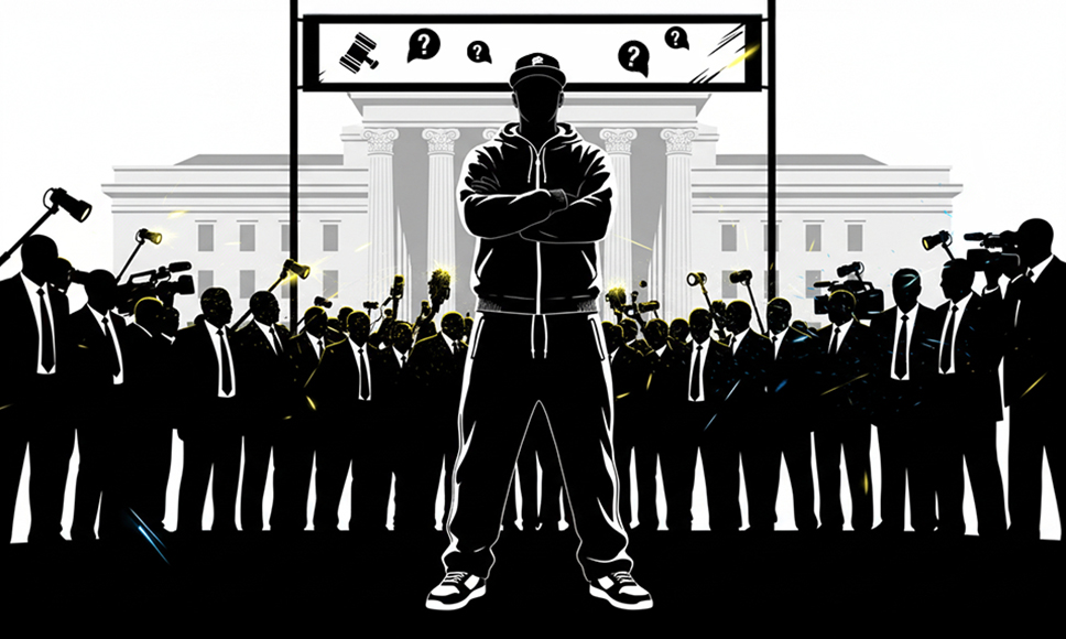 Silueta encapuchada frente a un edificio, rodeada de periodistas y cámaras.