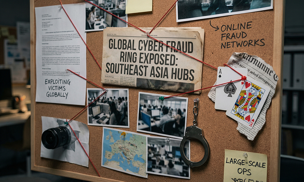 Panel con recortes, fotos y titulares sobre fraude online.