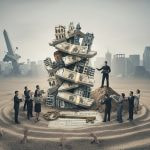 Edificios y billetes apilados formando una torre rodeada de personas