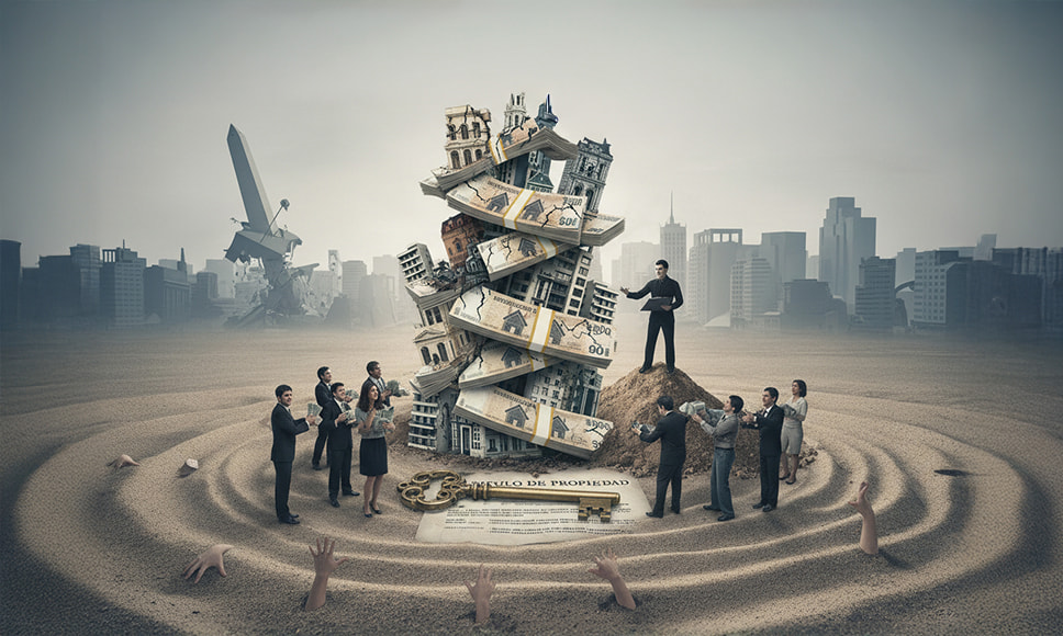 Edificios y billetes apilados formando una torre rodeada de personas