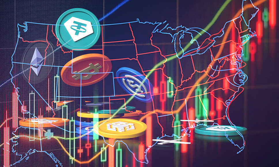 Mapa de Estados Unidos con gráficos financieros y criptomonedas superpuestas