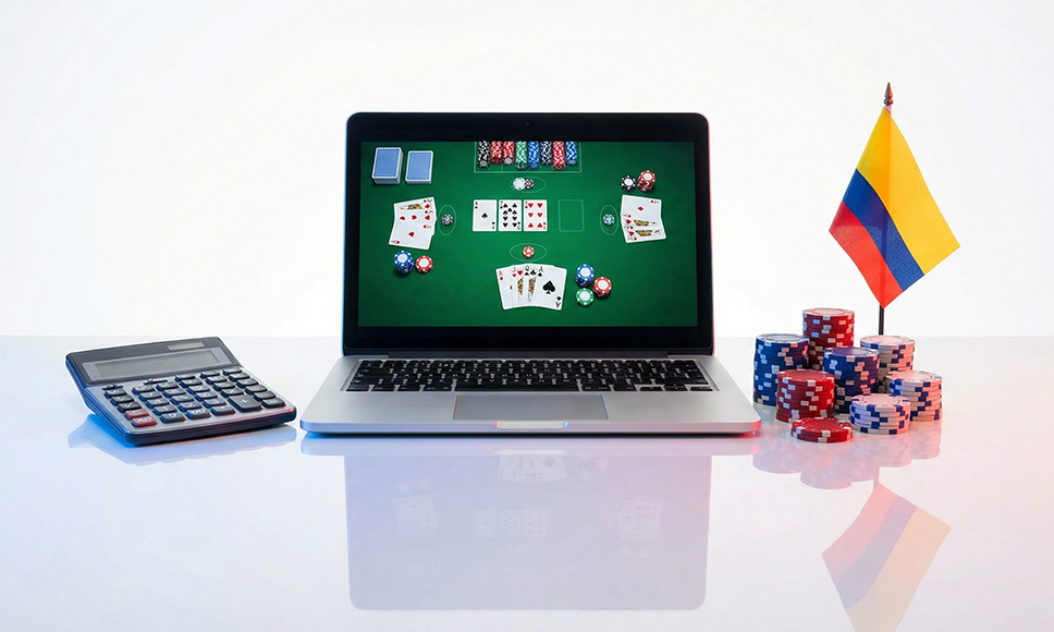 Portátil con mesa de cartas, fichas y bandera de Colombia junto a una calculadora.