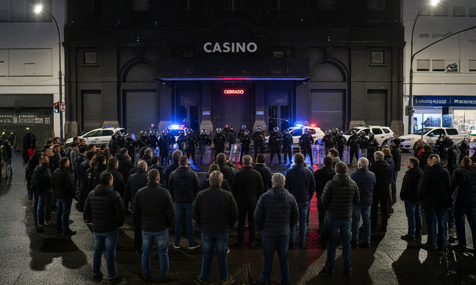 Protesta de trabajadores frente a un casino cerrado con presencia policial.