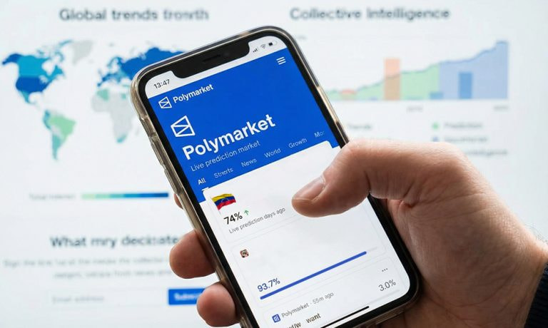 Mano sosteniendo un móvil con la web de Polymarket abierta.