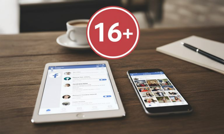 Tablet y móvil con redes sociales y símbolo 16+