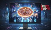 Pantalla con ruleta online, crupieres en vivo y bandera de Perú.