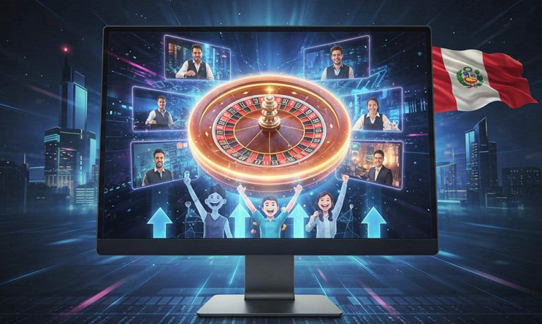 Pantalla con ruleta online, crupieres en vivo y bandera de Perú.