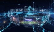 Visualización digital del Super Bowl con datos, pantallas y mapa global.