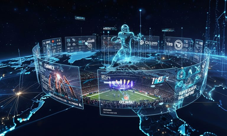 Visualización digital del Super Bowl con datos, pantallas y mapa global.