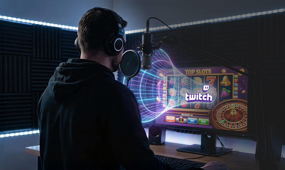 Persona con auriculares y micrófono mirando pantalla con logo de Twitch y slots.