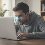 Hombre usando reconocimiento facial frente a una laptop