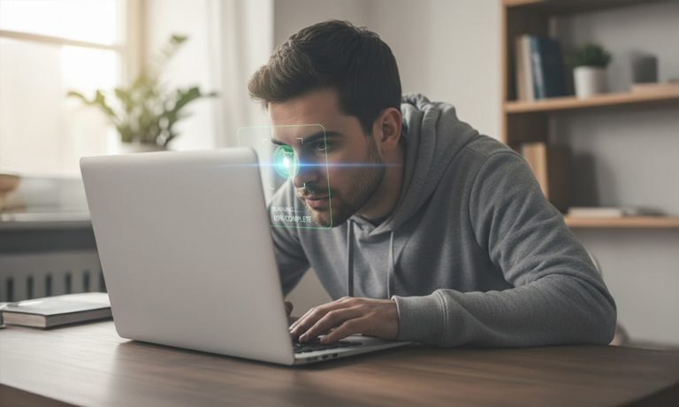 Hombre usando reconocimiento facial frente a una laptop
