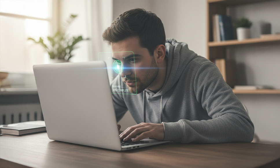 Hombre usando reconocimiento facial frente a una laptop