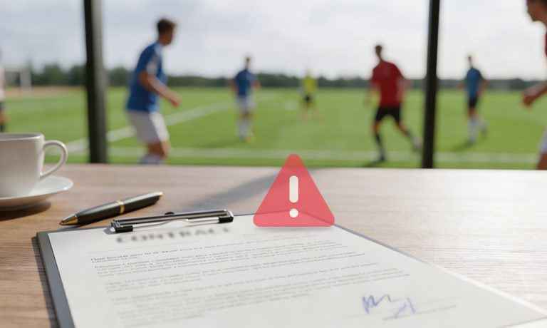 Contrato sobre una mesa con un icono de alerta, y un partido de fútbol desenfocado al fondo.