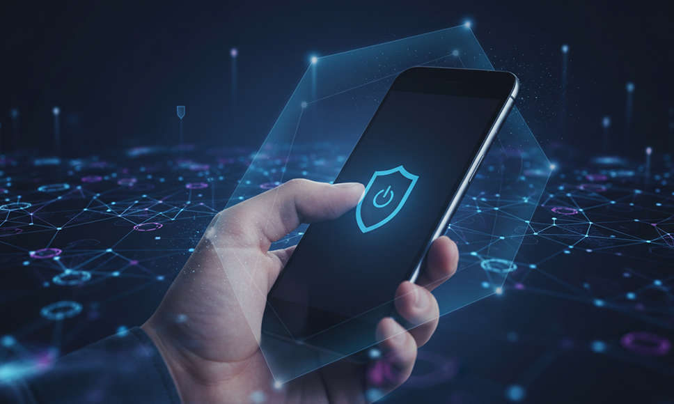 Mano sosteniendo un móvil con icono de escudo y botón de encendido.