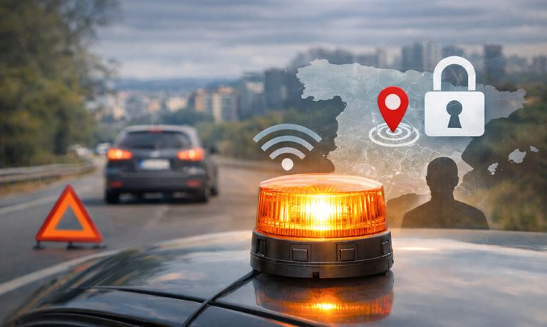 Baliza V16 encendida sobre coche con iconos de geolocalización.