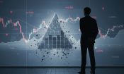 Silueta de un hombre frente a gráficos bursátiles y una pirámide agrietada en pantalla.