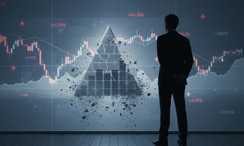 Silueta de un hombre frente a gráficos bursátiles y una pirámide agrietada en pantalla.