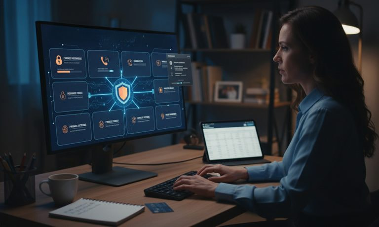 Mujer frente a un ordenador con iconos de seguridad en la pantalla.